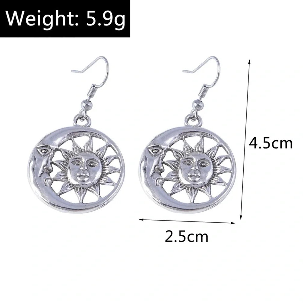 Silver Sun/Moon Face Boho Drop Earrings